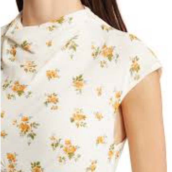 Reformation Size 8 Bettie Floral Cap Sleeve Mock Neck Top Yellow Cream - Picture 3 of 9
